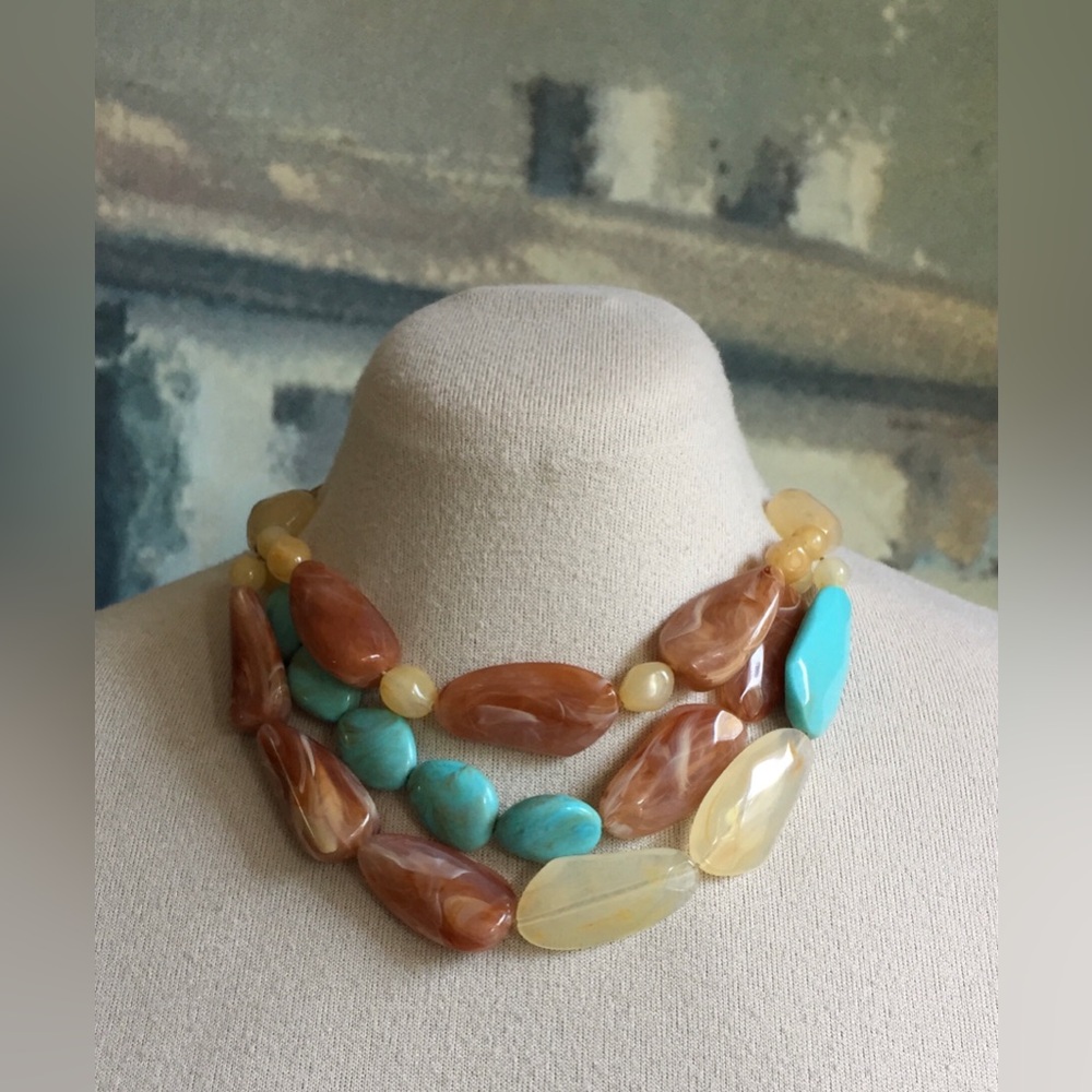 Faux Turquoise & Amber Large Bead Statement Bib Necklace Boho